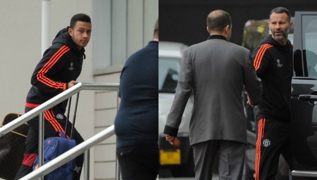 Depay and Giggs make a late arrival to the Man United Hotel